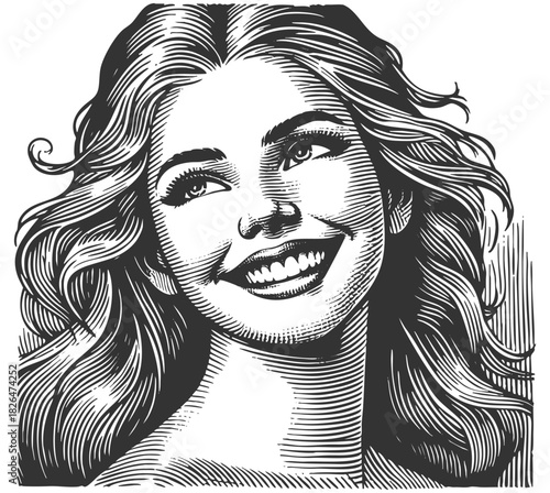 Smiling woman sketch engraving generative ai fictional character vector illustration. Scratch board imitation. Black and white image.