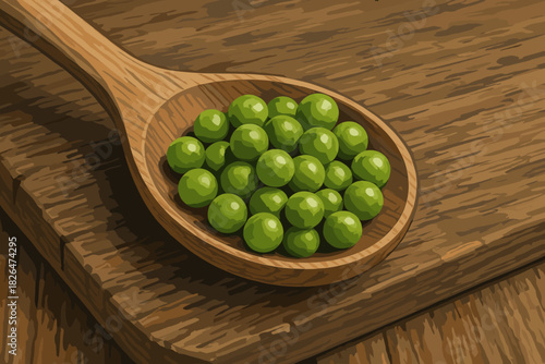 Fresh Peas on Spoon. Close-up of a wooden vector illustration spoon filled with fresh peas resting on a rustic cutting board,