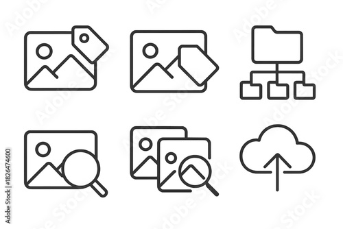 Photo Management Icons. Line style icons of photo backup and organization: photo tag symbol, metadata tag icon, folder structure