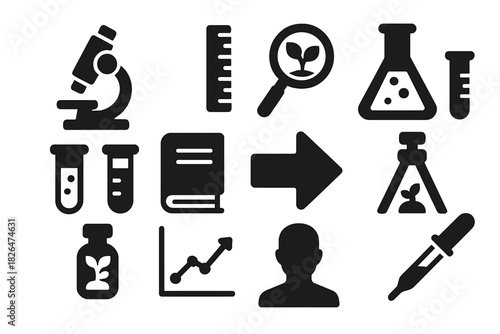 Mechanobiology Tools Icons. Solid style icons of experimental tools in plant mechanobiology: microscope, ruler, magnifying glass,