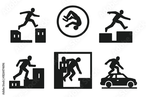 Cinematic Parkour Icons. Solid style icons of cinematic parkour moments: hero leap scene icon, slow-mo flip badge, climactic jump