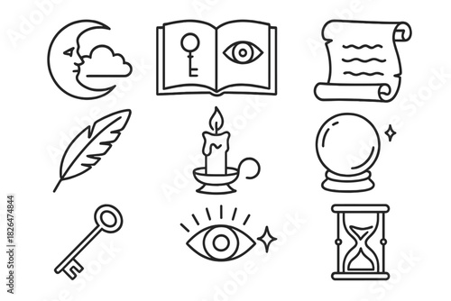 Esoteric Knowledge Icons. Line style icons of Esoteric Knowledge: Dream Interpretation, Symbol Compendium, Ancient Manuscript,
