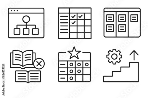 CBE Curriculum Planning Icons. Line style icons of CBE-based curriculum planning: curriculum map tool, standards alignment chart,