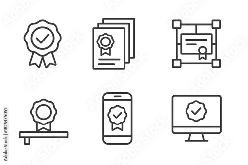Icons of Digital Badges. Line style icons of micro-credentials and badges: verified badge icon, stackable micro-credential,