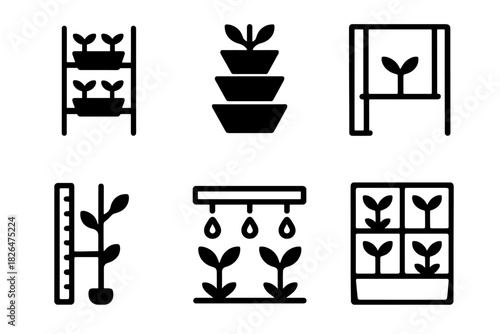 Hydroponics Line Icons. Line style icons of Hydroponics: vertical farming icon, stacked planter units, support frame symbol,