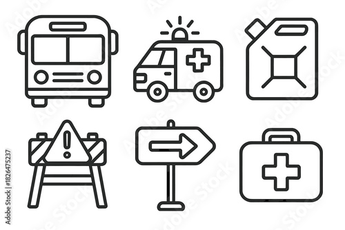 Emergency Transportation Icons. Line style icons of transportation during emergencies: evacuation bus icon, emergency vehicle
