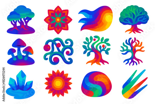 Psychedelic Forest Wonders. Isometric vector illustration set Psychedelic Nature: glowing forest grove, mandala flower design,