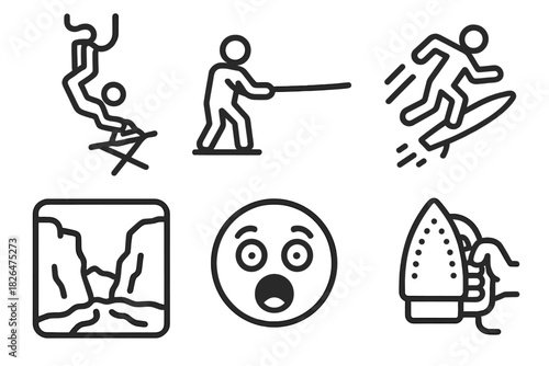 Extreme Ironing Icons. Line style icons of Extreme Ironing: bungee ironing, bungee cord stretch, mid-air board, river gorge icon,