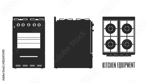 Black silhouette of kitchen stove. Front, side and top views. Electric oven blueprint. Domestic gas equipment template. Cooking appliance drawing
