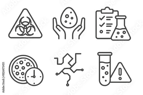 BioArt Challenge Icons. Line style icons of BioArt challenges: contamination warning sign, fragile organism icon, lab safety rules