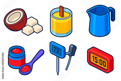 Candle Making Tools. Isometric vector illustration set Candle making – coconut wax, wooden wick, eco jar; plant-based dye, pigment