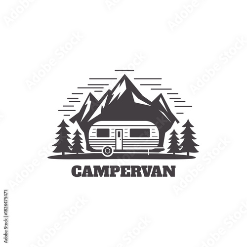 Isolated mobile house logo. Campervan trailer icon. Family van for country living. Vintage portable wagon logotype