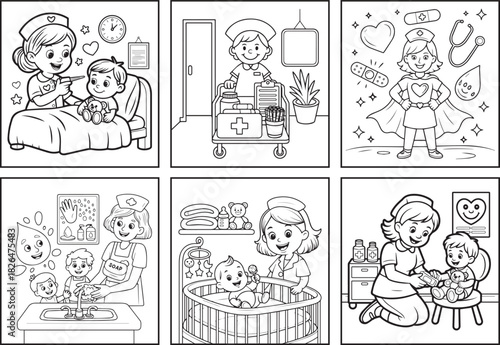 Cute nurse coloring page bundle for kids, black line art vector illustration doodle set