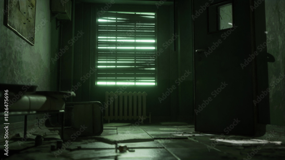 Obraz premium Faint green light filters through cracked blinds, illuminating a dusty room filled with scattered debris. An old radiator and forgotten furniture hint at a lost time gone by.