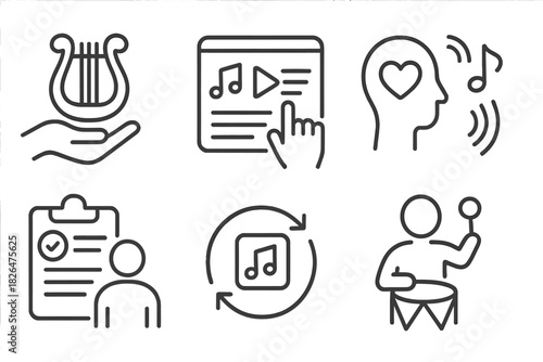 Therapy Icons Line Art. Line style icons of client-centered therapy approach: choice of instrument icon, music selection screen,