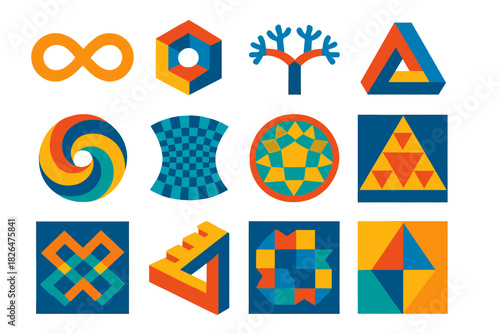 Infinite Geometry Icons. Flat vector icons of Infinite Geometry: endless loop, recursive cube, fractal tree, Penrose triangle,