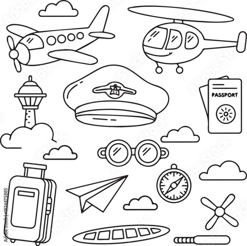 Aviation travel doodle icons set of hand drawn airplane, pilot and luggage vector illustration bundle