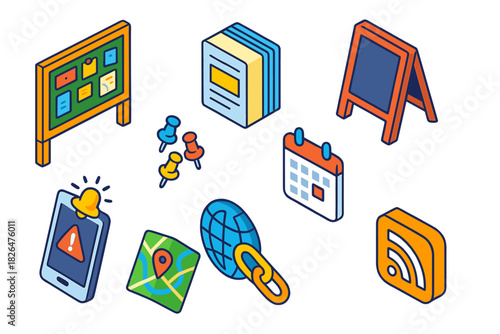 Community News Essentials. Isometric vector illustration set News and media – community news bulletin board, flyer stack,