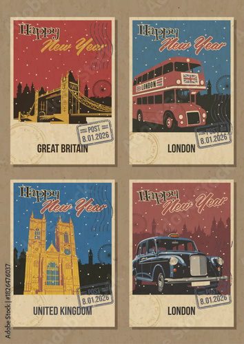 New Year Greeting Cards, United Kingdom Main Attractions Postcards Retro Illustrations. London Tower Bridge, Red Bus, Taxi Cab, Westminster Abbey