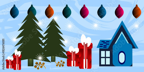 Christmas Winter Scene with Gifts, Trees, Ornaments, and House