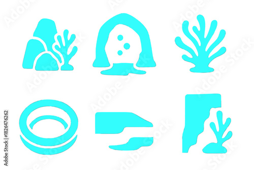 Glowing Reef Icons. Solid style icons of glowing reef zones: underwater ridge glyph, illuminated cave icon, soft coral badge.