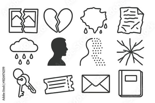 Fragmented Memories Icons. Line style icons of fragmented memory: torn photo, broken locket, bloodstain, crumpled note; rain cloud