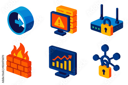 Network Security Icons. Isometric vector illustration set Network Security: VPN tunnel, intrusion detection system, secure router,