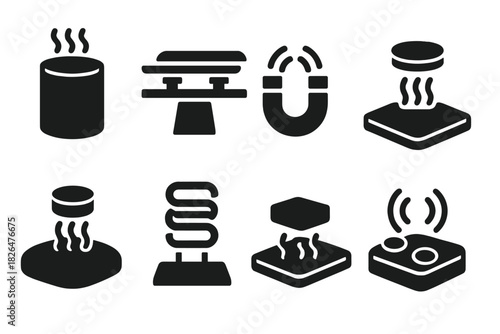 Magnetic Levitation Icons. Solid style icons of magnetic levitation setups: superconducting magnet, maglev rail track, repelling