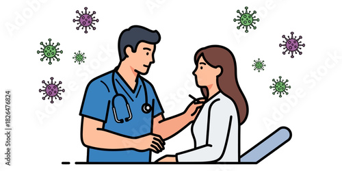 Doctor Providing Consultation and Patient Support Surrounded by Virus Symbols