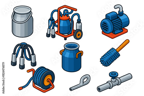 Farm Milking Equipment Icons. Isometric vector illustration set Farm animals – stainless milk bucket, milking machine, vacuum pump