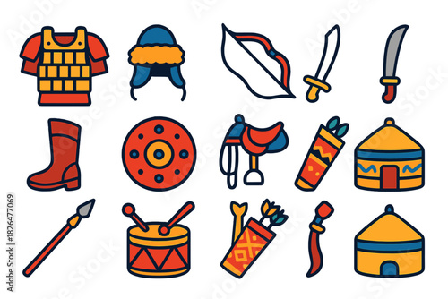 Nomadic Warrior Icon Set. Flat vector icons of Nomadic Warrior Armor: lamellar cuirass, fur hat, composite bow, curved saber,