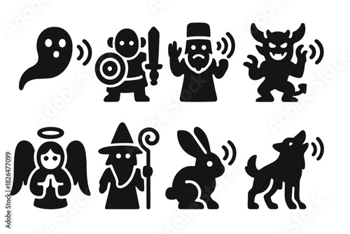 Mythological Sound Icons. Solid style icons of mythological sound beings: echo spirits, sound guardians, voice gods. Resonance
