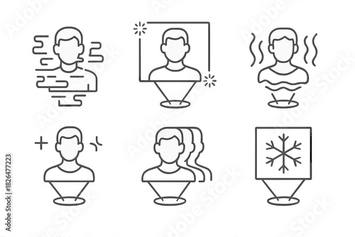 Hologram Glitch Icons. Line style icons of errors in hologram shows: glitching avatar, frame flicker light, out-of-sync projection