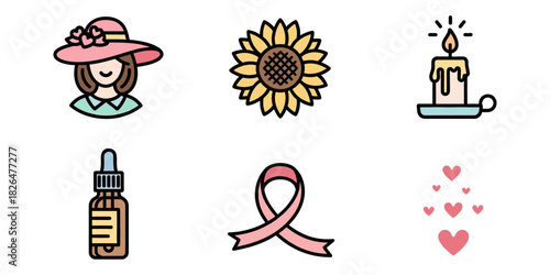 Mother's Day, Breast Cancer Awareness, and Wellness Flat Icon Set