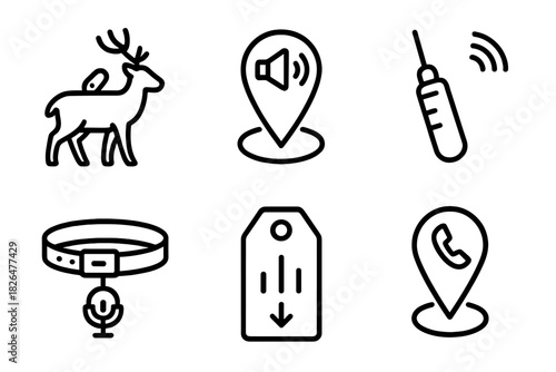 Sound Tracking Icons. Line style icons of sound tagging and tracking: audio tag on animal, GPS+sound combo icon, acoustic