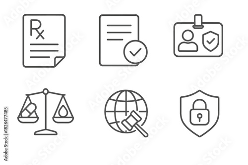 Legal and Ethical Icons. Line style icons of legal and ethical considerations: prescription document, informed consent paper,