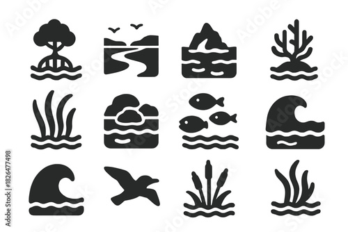 Oceanic Habitat Icons. Solid style icons of Oceanic Habitats: mangrove tree, estuary, polar ocean, coral reef, seagrass, tidal