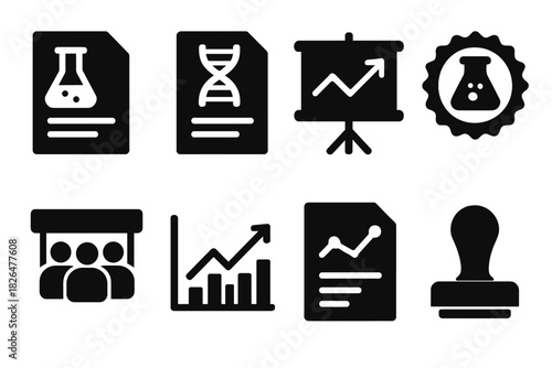 Scientific Icons Collection. Solid style icons of scientific communication and reports: lab report sheet, scan result page,