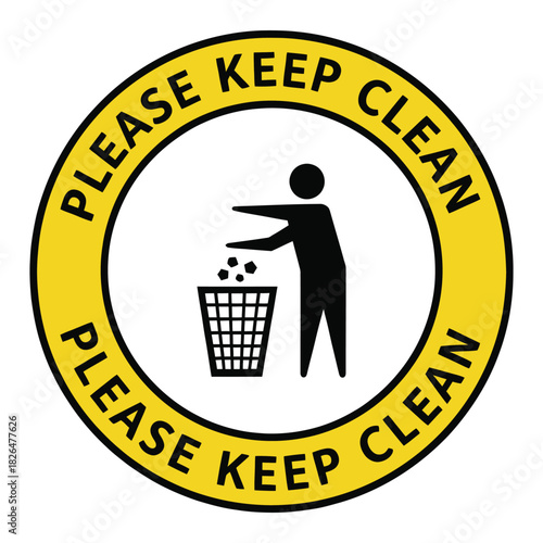 Graphic icon illustrating please keep clean with throwing trash in garbage bin