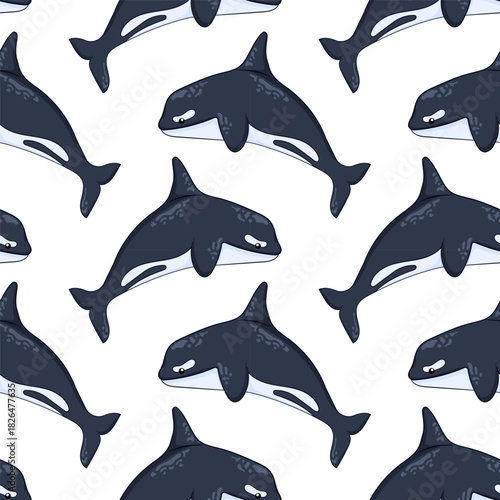 Killer whale seamless pattern in cartoon. Undersea animal design for summer print on a white background.