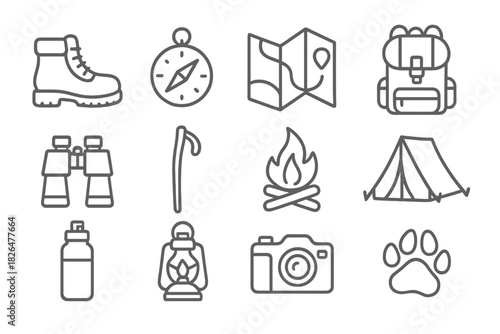 Forest Exploration Icons. Line style icons of Forest Exploration: Hiking Boot, Compass, Map, Backpack; Binoculars, Walking Stick,