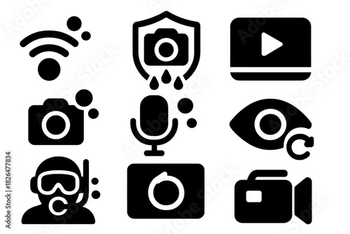 Underwater Tech Icons. Solid style icons of underwater tech broadcasting: match stream icon, waterproof camera badge, live