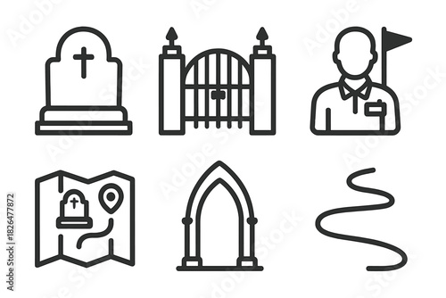 Cemetery Tourism Icons. Line style icons of Cemetery Tourism: old tombstone, cemetery gate, tour guide, heritage map, gothic arch,