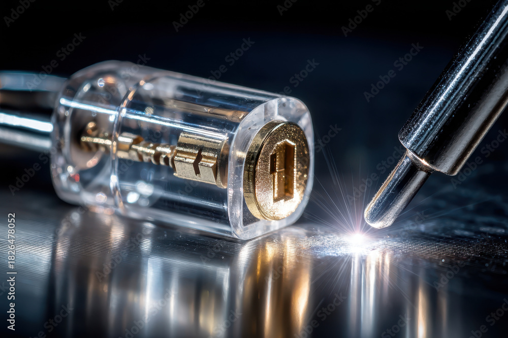 Naklejka premium Precision engineering of a transparent padlock with a shiny key and metallic background
