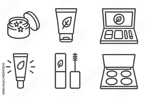 Biodegradable Makeup Icons. Line style icons of biodegradable makeup for events: eco-friendly glitter pot, compostable festival