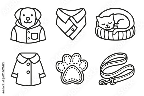 Pet Upcycled Fashion Icons. Line style icons of upcycled fashion for pets: dog hoodie from shirt, bandana from sleeve, cat bed