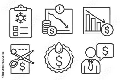 Financial Crisis Icons. Line style icons of financial crisis management: budget freeze icon, emergency fund graph, revenue drop