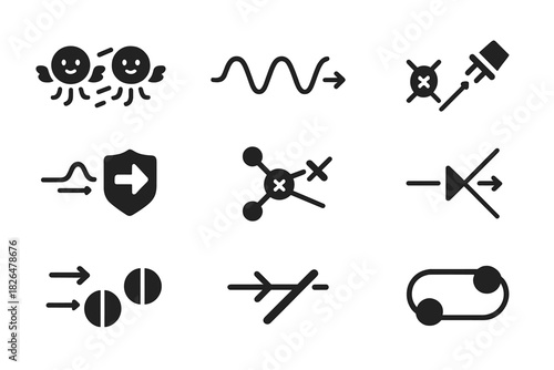 Photon Teleportation Icons. Solid style icons of photon-based teleportation: flying photon pair, light wave teleport path, laser