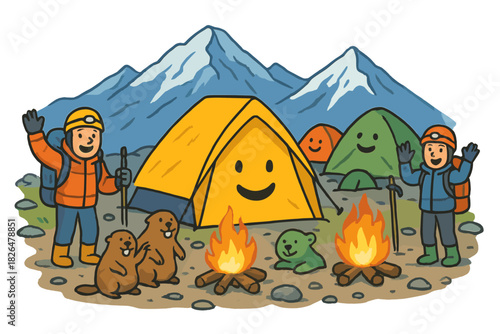 Alpine Camp Cheer. Alpine base camp with smiling tents, playful marmots, and climbers waving beside glowing campfires No text, No