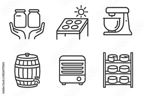 Local Food Processing Icons. Line style icons of local processing: hand-canning jars, solar drying rack, small-batch mixer, food